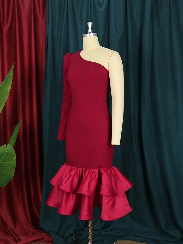 Xuewuba Stores With Prom Dresses Red One Shoulder Long Sleeve Ruffles Prom Dress Formal Women's Dresses