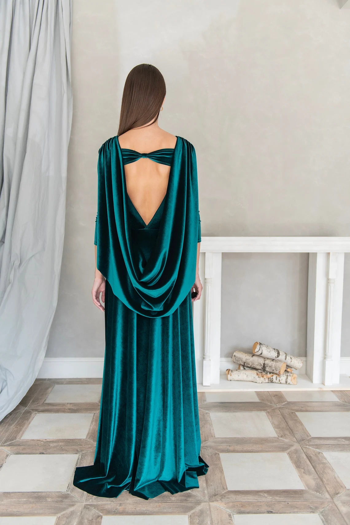 Open Back Formal Velvet Emerald Dress With Bow Formal Tie Wedding Dress Cape Low Back Dress Bridesmaid Dress Prom Velvet Dress