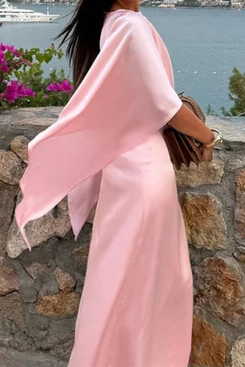 Pink Satin Maxi Dress Batwing Sleeves Evening Dress Round Neck Floor Length Prom Dress