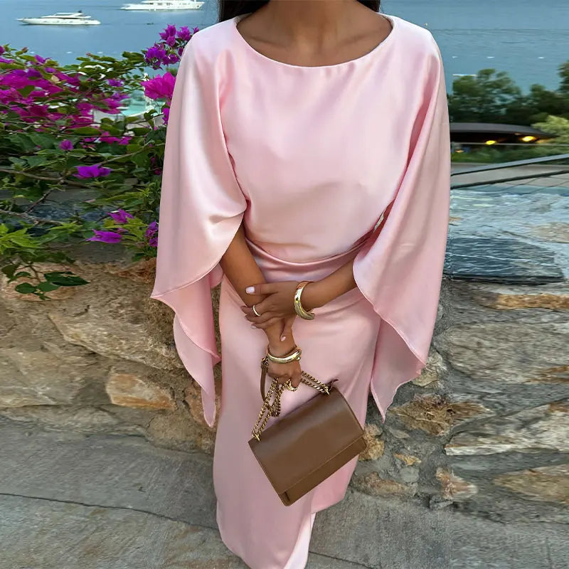 Pink Satin Maxi Dress Batwing Sleeves Evening Dress Round Neck Floor Length Prom Dress