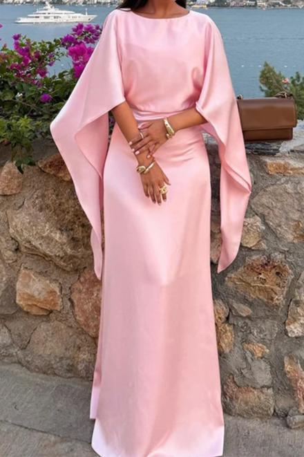 Pink Satin Maxi Dress Batwing Sleeves Evening Dress Round Neck Floor Length Prom Dress