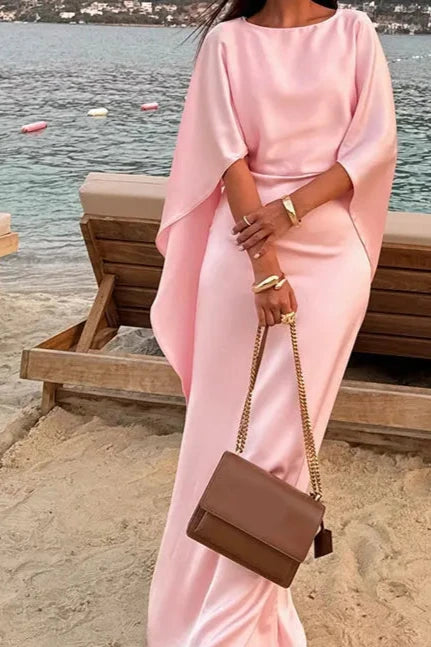 Pink Satin Maxi Dress Batwing Sleeves Evening Dress Round Neck Floor Length Prom Dress