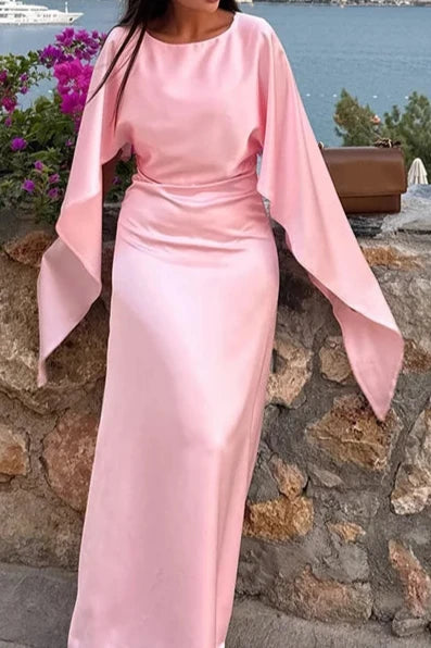 Pink Satin Maxi Dress Batwing Sleeves Evening Dress Round Neck Floor Length Prom Dress