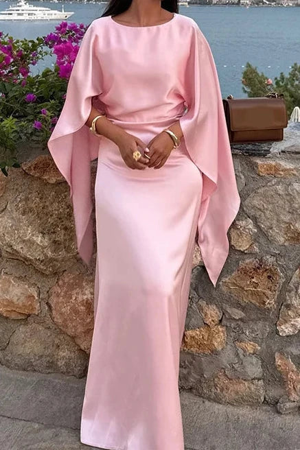 Pink Satin Maxi Dress Batwing Sleeves Evening Dress Round Neck Floor Length Prom Dress