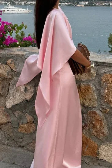 Pink Satin Maxi Dress Batwing Sleeves Evening Dress Round Neck Floor Length Prom Dress