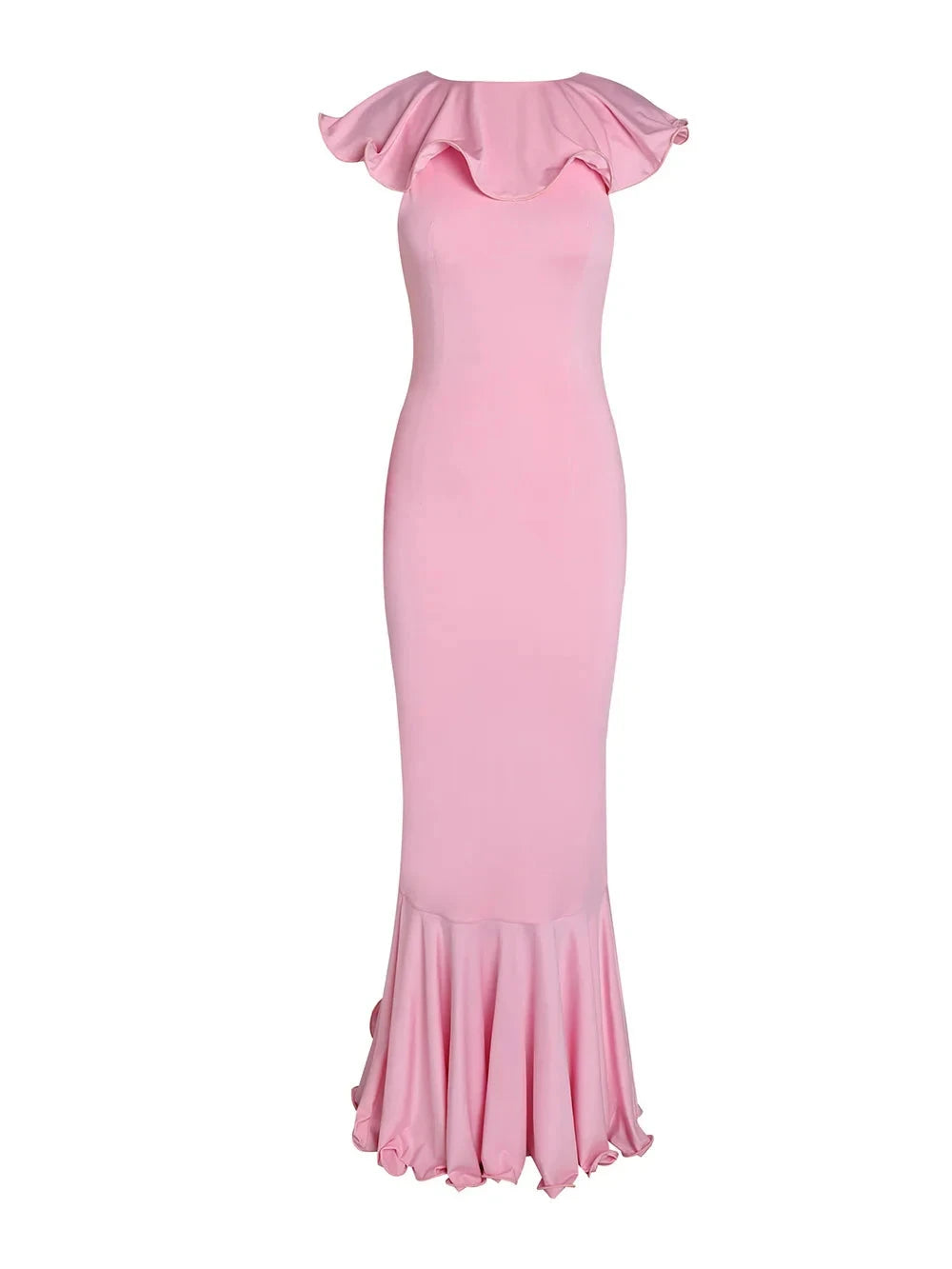 Pink Ruffle Layer Flower Mermaid Floor Length Dress Deep V Neck Mermaid Evening Dress