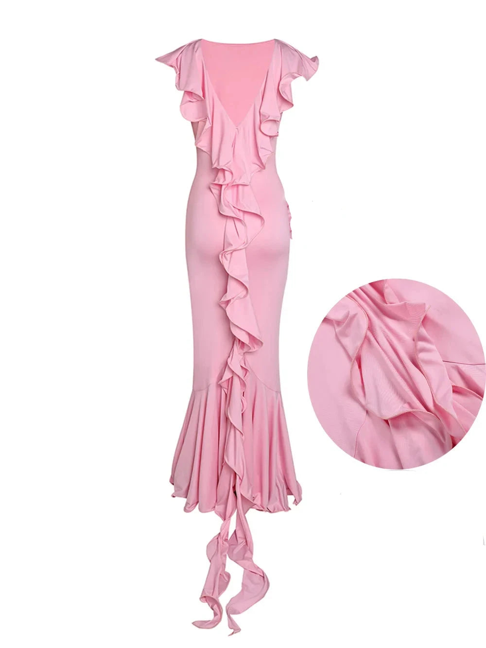 Pink Ruffle Layer Flower Mermaid Floor Length Dress Deep V Neck Mermaid Evening Dress