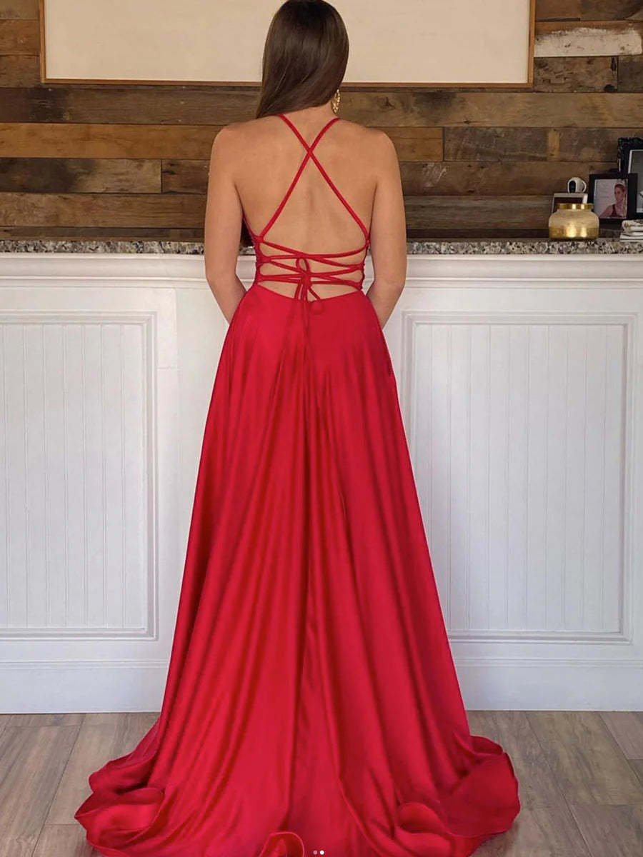 Simple Spaghetti Straps Long Prom Dresses With Slit
