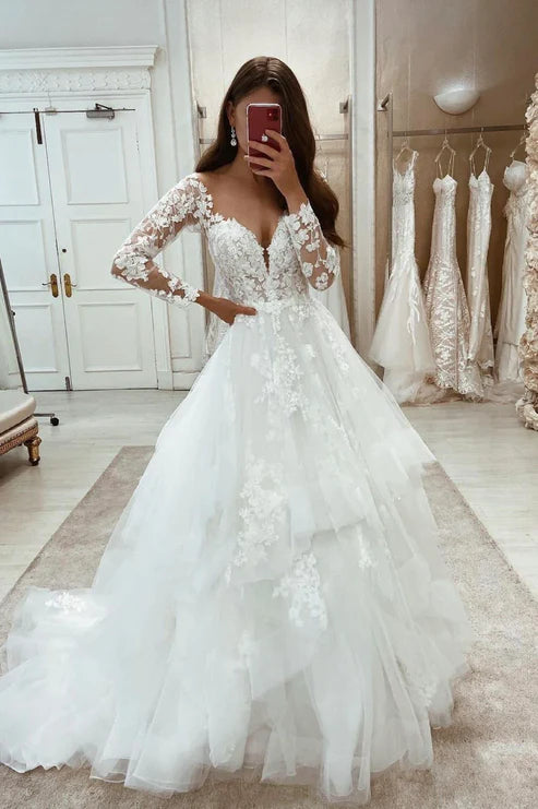 White Lace Long Sleeve Wedding Dresses