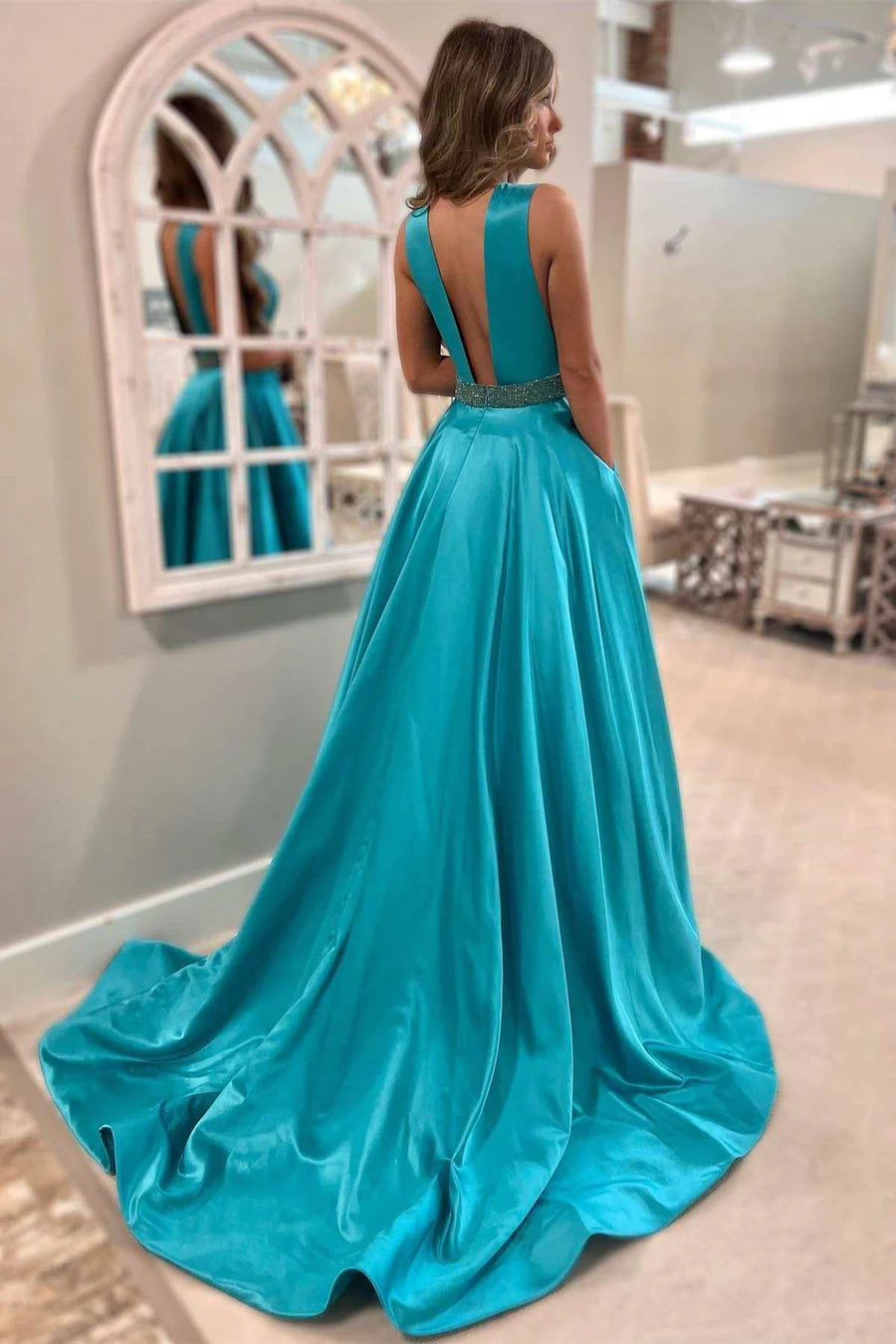 Satin Plunge V Open Back Prom Dress