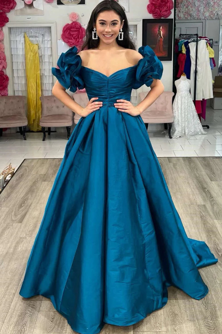 A-Line Off-the-Shoulder Ruffled Sleeve Prom Dress