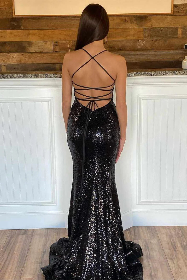 Sequin V-Neck Lace-Up Back Mermaid Prom Dress