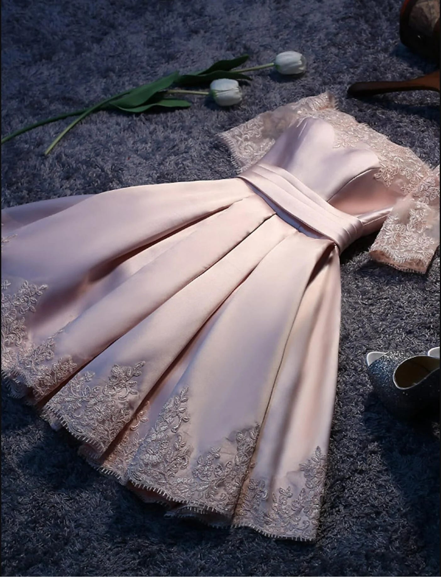 A-Line Bridesmaid Dress Off Shoulder Short Sleeve Elegant Short Mini Satin