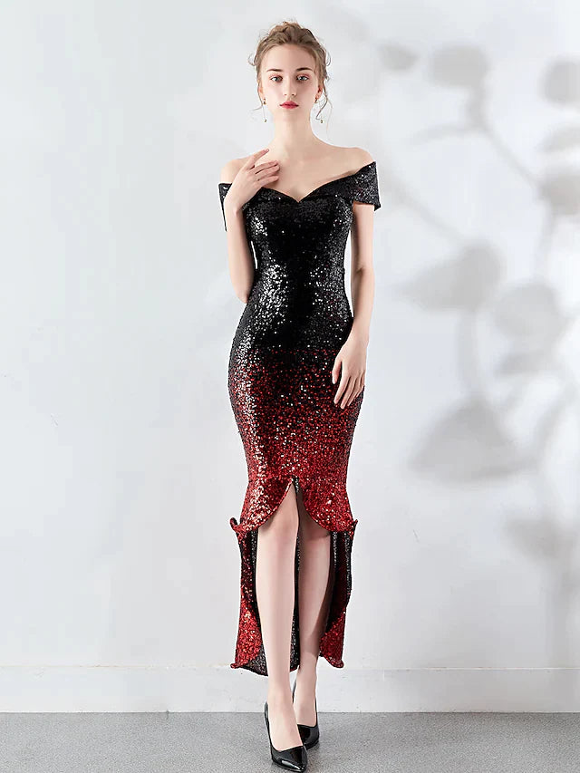 Cocktail Party Dress Off Shoulder Sleeveless Asymmetrical Sequined with Sequin
