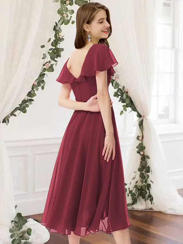 A-Line V Neck Knee Length Chiffon Bridesmaid Dress