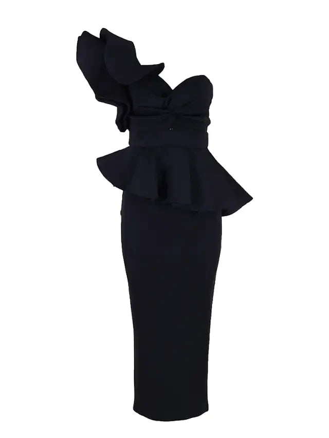 Cocktail Party Dress One Shoulder Sleeveless Tea Length Spandex with Ruffles