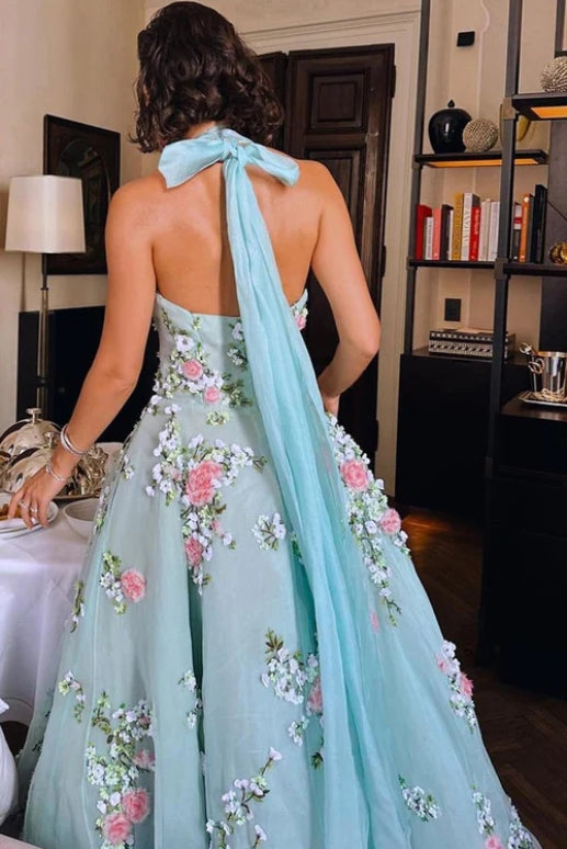 Romantic Off-the-Shoulder Halter Lace Up Prom Party Dress With Flower