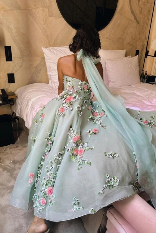 Romantic Off-the-Shoulder Halter Lace Up Prom Party Dress With Flower