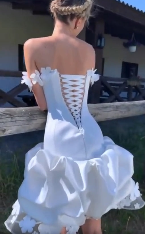 Romantic Strapless Irregular Off-the-Shoulder Prom Party Dress With Flower
