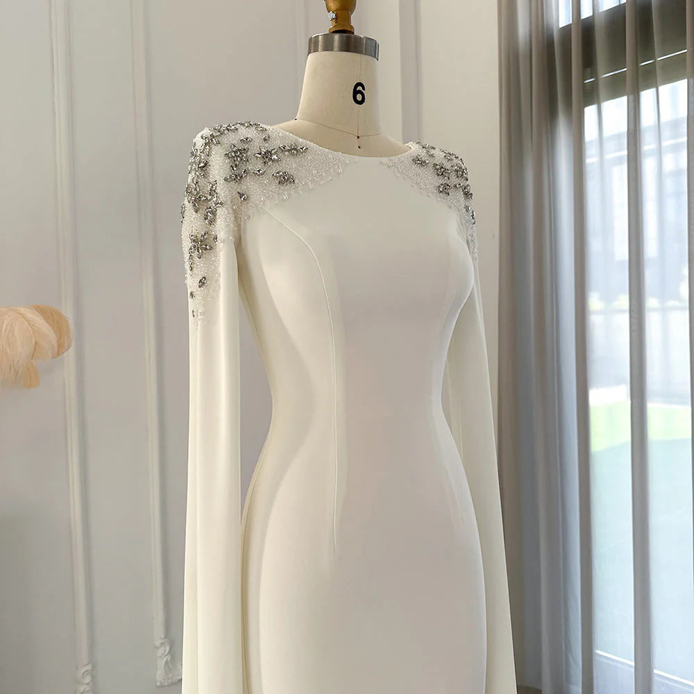 Round Neck Elegant Mermaid Evening Mother of the Bride Dress Wedding Party Cape Sleeves