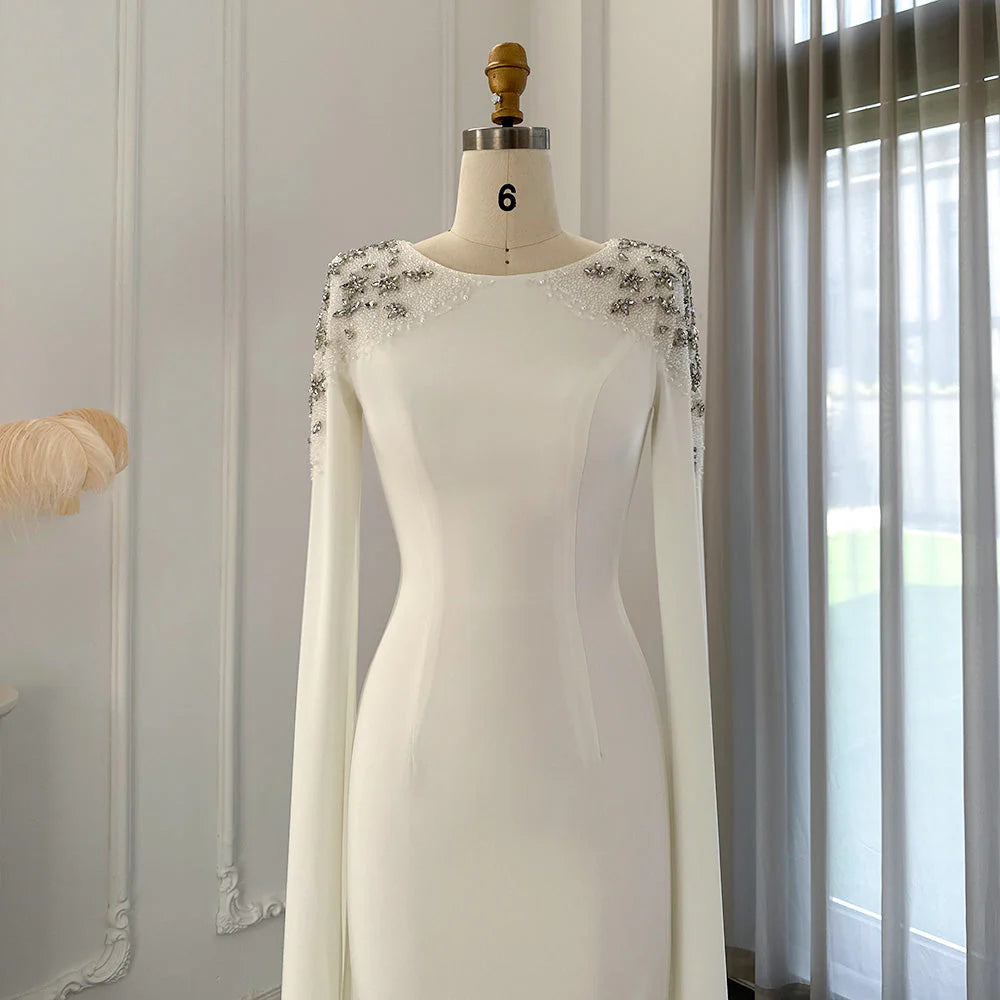 Round Neck Elegant Mermaid Evening Mother of the Bride Dress Wedding Party Cape Sleeves
