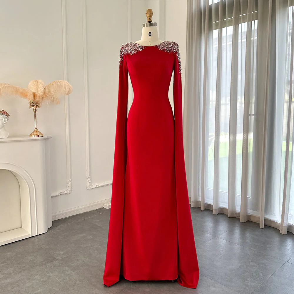 Round Neck Elegant Mermaid Evening Mother of the Bride Dress Wedding Party Cape Sleeves