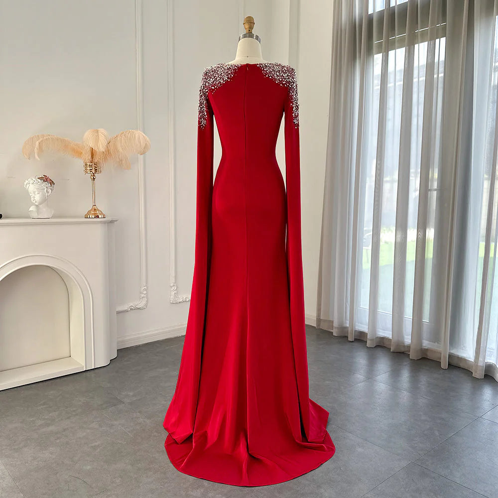 Round Neck Elegant Mermaid Evening Mother of the Bride Dress Wedding Party Cape Sleeves