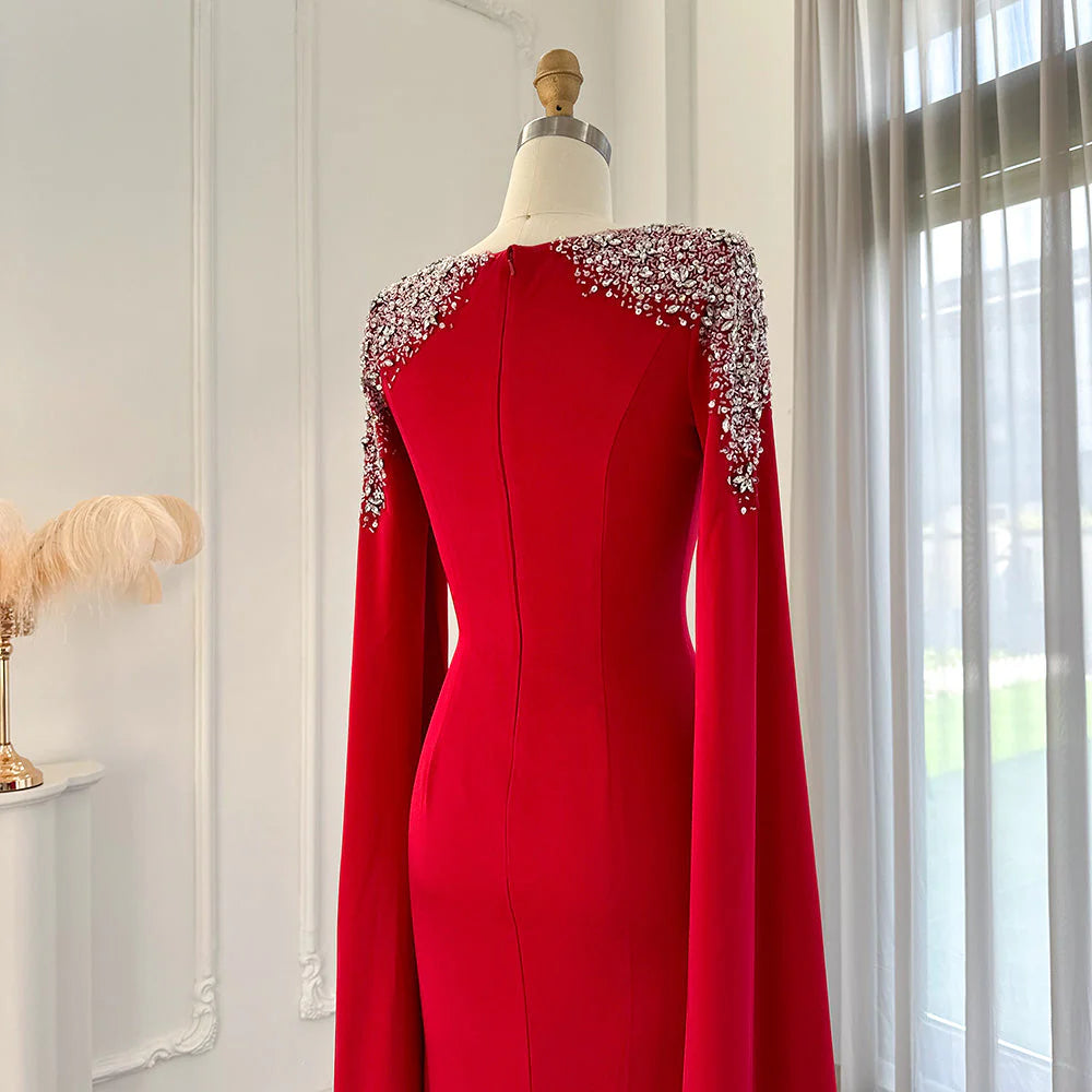 Round Neck Elegant Mermaid Evening Mother of the Bride Dress Wedding Party Cape Sleeves