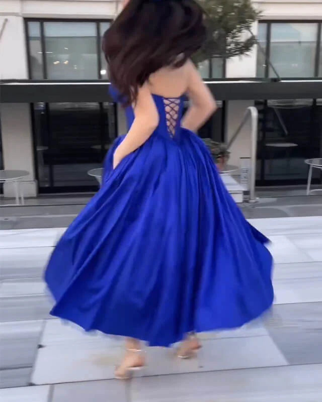 Royal Blue Strapless Corset Satin A-line Prom Dress 