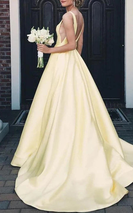 Satin Floor-length Court Train A Line Sleeveless Solid Formal Dress with Ruffles Prom Dress/Dress For Formal