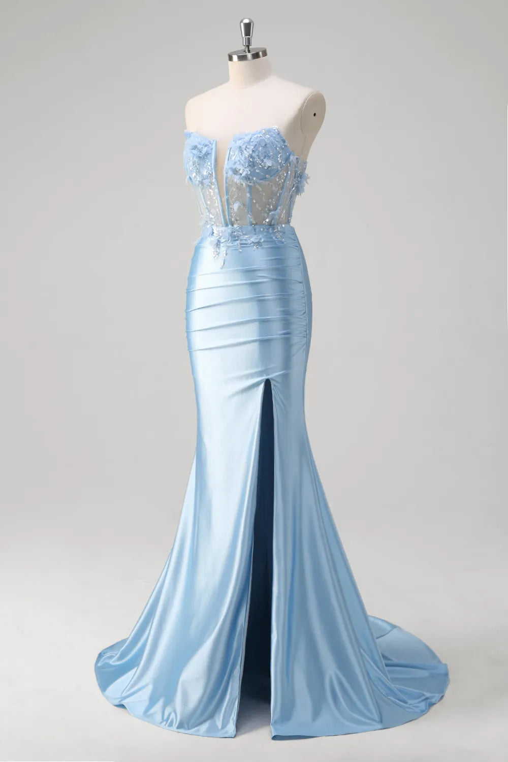 Xuewuba Formal Wear Dresses Glitter Blue Strapless Mermaid Satin Long Corset Prom Dress with Appliques Prom Dresses Stores