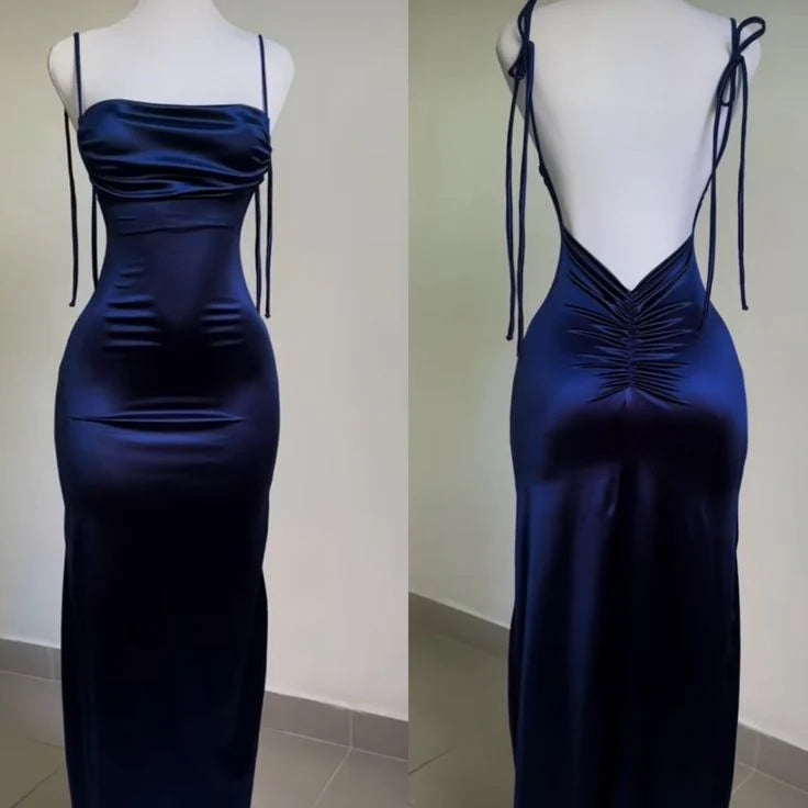 Sexy Sheath Spaghetti Straps Sleeveless Open Back Floor-Length Prom Dresses