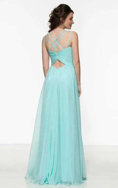 Sexy V Neck A-Line Spaghetti Straps Pleats Hollow Back Floor Length Sleeveless Prom Dress/Dress For Formal