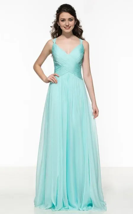 Sexy V Neck A-Line Spaghetti Straps Pleats Hollow Back Floor Length Sleeveless Prom Dress/Dress For Formal