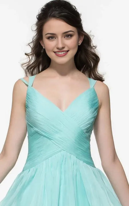 Sexy V Neck A-Line Spaghetti Straps Pleats Hollow Back Floor Length Sleeveless Prom Dress/Dress For Formal