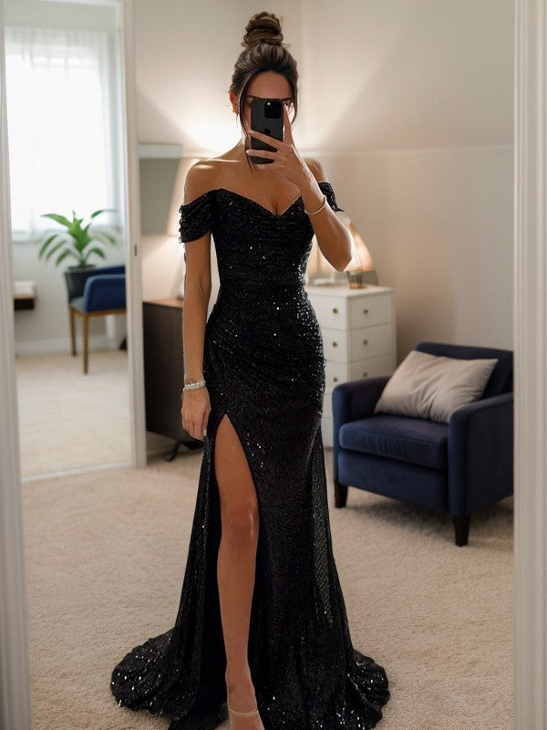 Sheath/Column Ruched Off-the-Shoulder Black Sleeveless Sweep/Brush Train Dresses Prom Dress