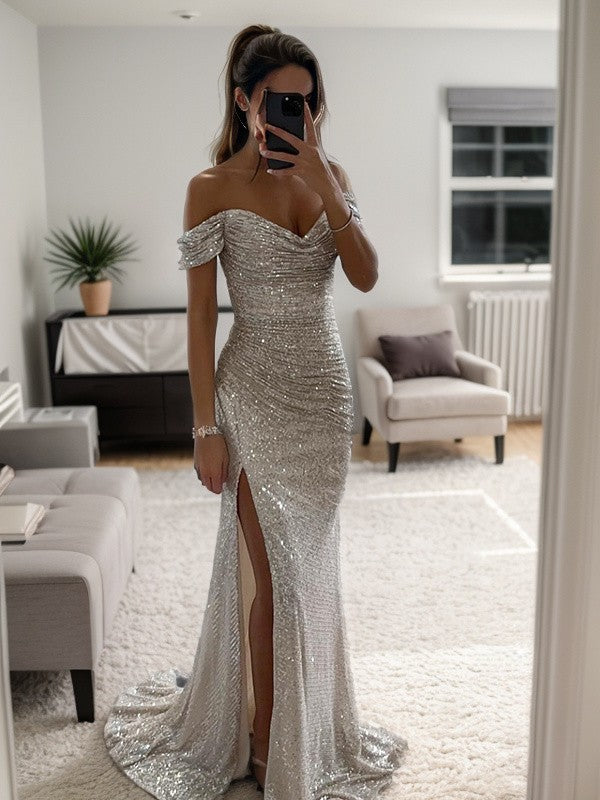 Sheath/Column Ruched Off-the-Shoulder Black Sleeveless Sweep/Brush Train Dresses Prom Dress
