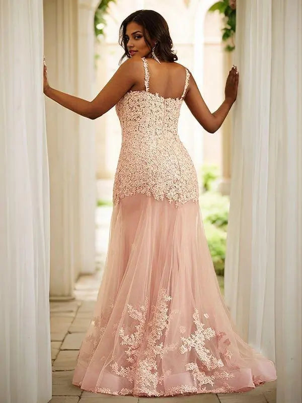 Sheath/Column Tulle Applique Straps Sleeveless Sweep Train Dresses Lace Up Prom Dresses With Multi Layer