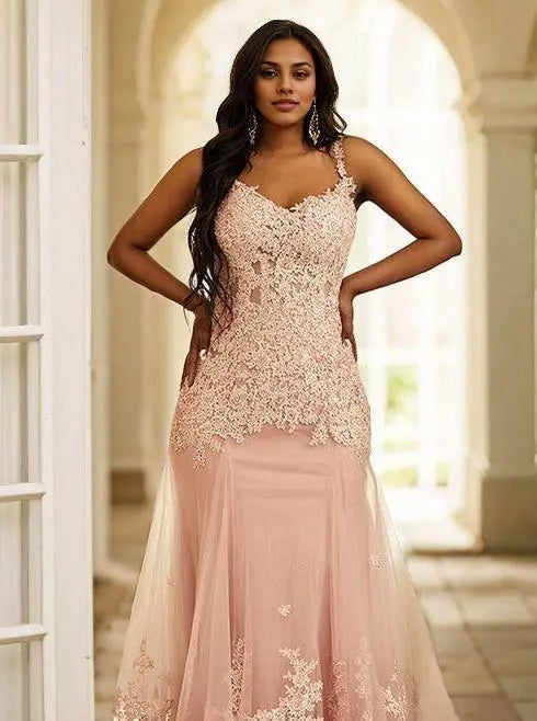 Sheath/Column Tulle Applique Straps Sleeveless Sweep Train Dresses Lace Up Prom Dresses With Multi Layer