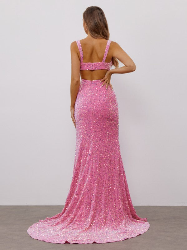 Sheath Column V-neck Sweep Train Sleeveless Velvet Sequins Dress Prom Dress