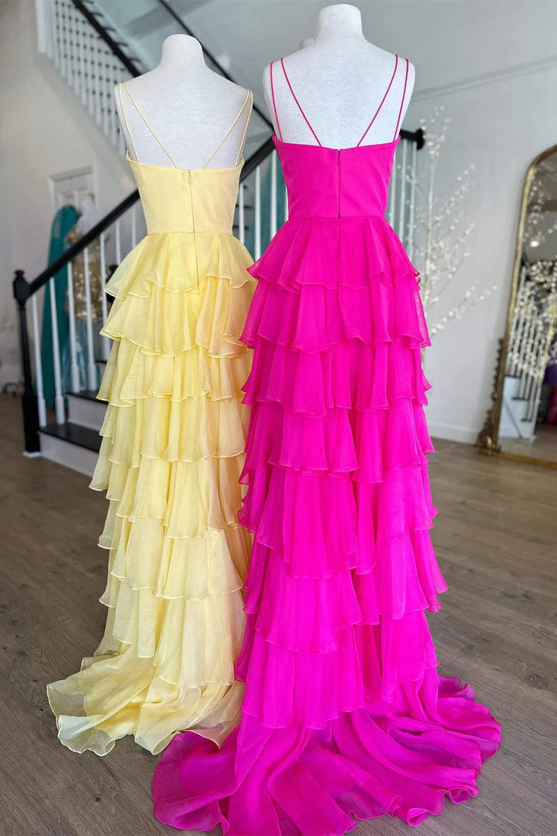 Sheath Deep V Neck Chiffon Tiered Prom Dresses Spaghetti Straps