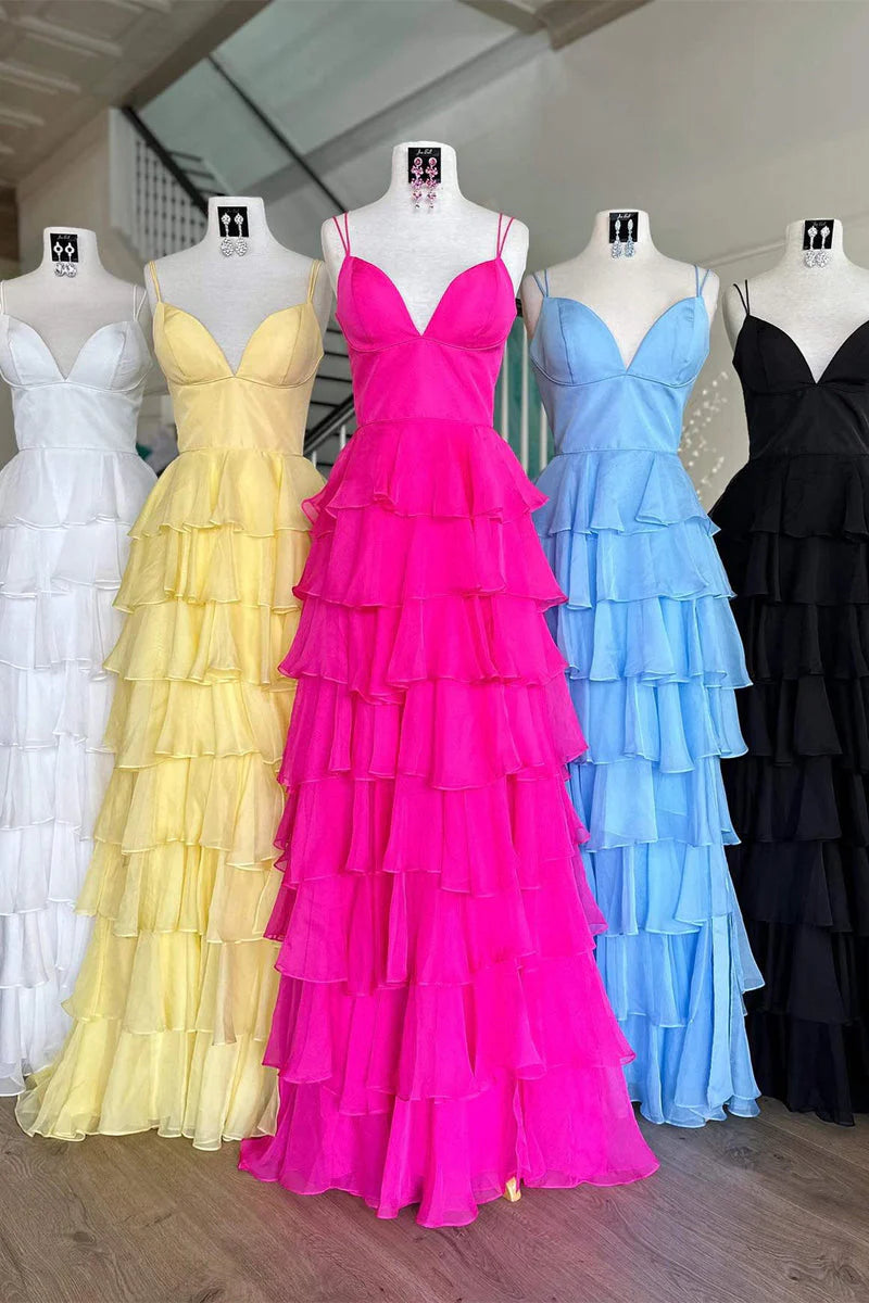 Sheath Deep V Neck Chiffon Tiered Prom Dresses Spaghetti Straps