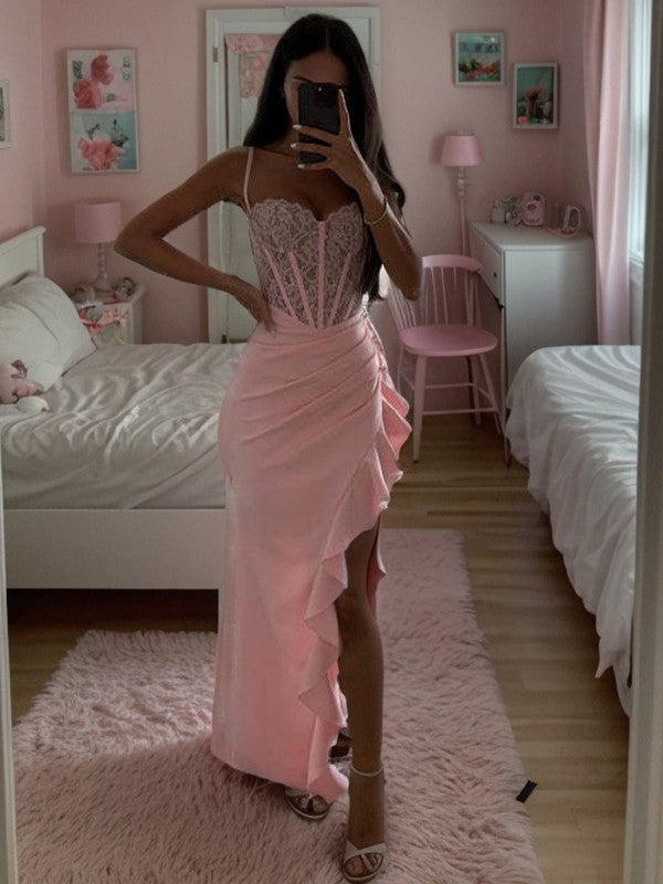 Sheath Sexy Spaghetti Straps Appliques Lace Floor-Length Corset Dress Asymmetrical Ruffles Prom Dress