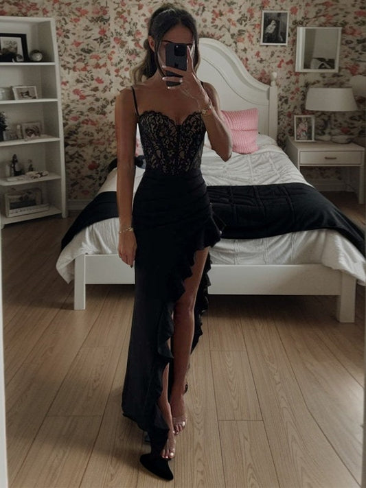 Sheath Sexy Spaghetti Straps Appliques Lace Floor-Length Corset Dress Asymmetrical Ruffles Prom Dress