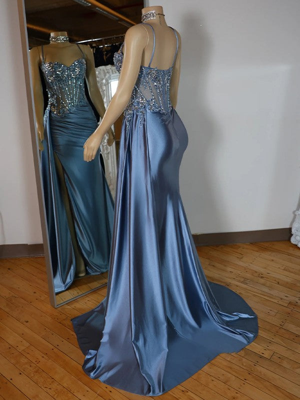 Sheath Spaghetti Straps Appliques Lace Sweep Train Satin Corset Dress Prom Dress