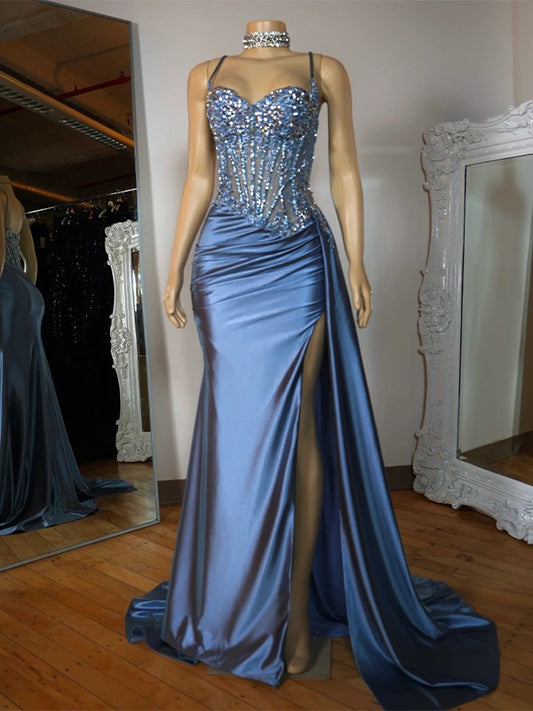 Sheath Spaghetti Straps Appliques Lace Sweep Train Satin Corset Dress Prom Dress