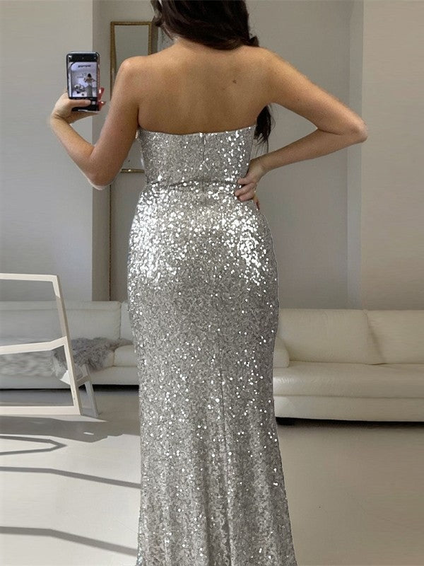 Sheath Straight Strapless Sweep Train Sequins Dress Prom Dress With Slit
