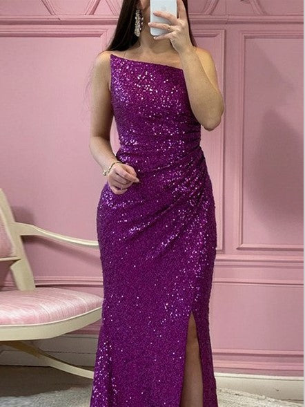 Sheath Straight Strapless Sweep Train Sequins Dress Prom Dress With Slit