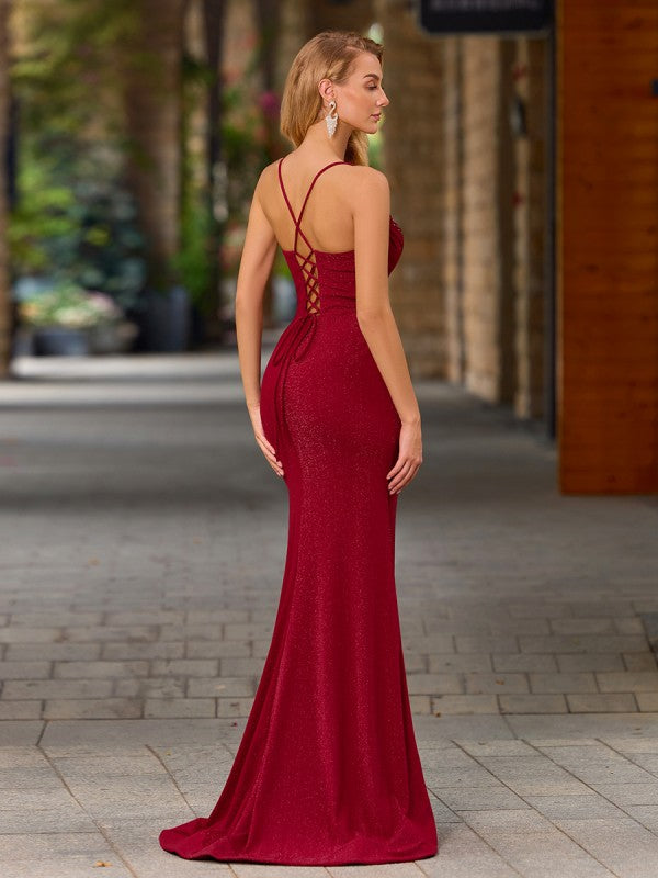 Sheath V-neck Sleeveless Pleated Sweep Train Dress Crossed Straps Prom Dress