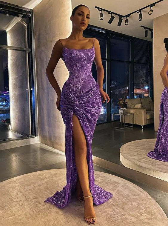 Shiny Mermaid Spaghetti Straps Sleeveless Backless Sweep/Brush Train Prom Dress